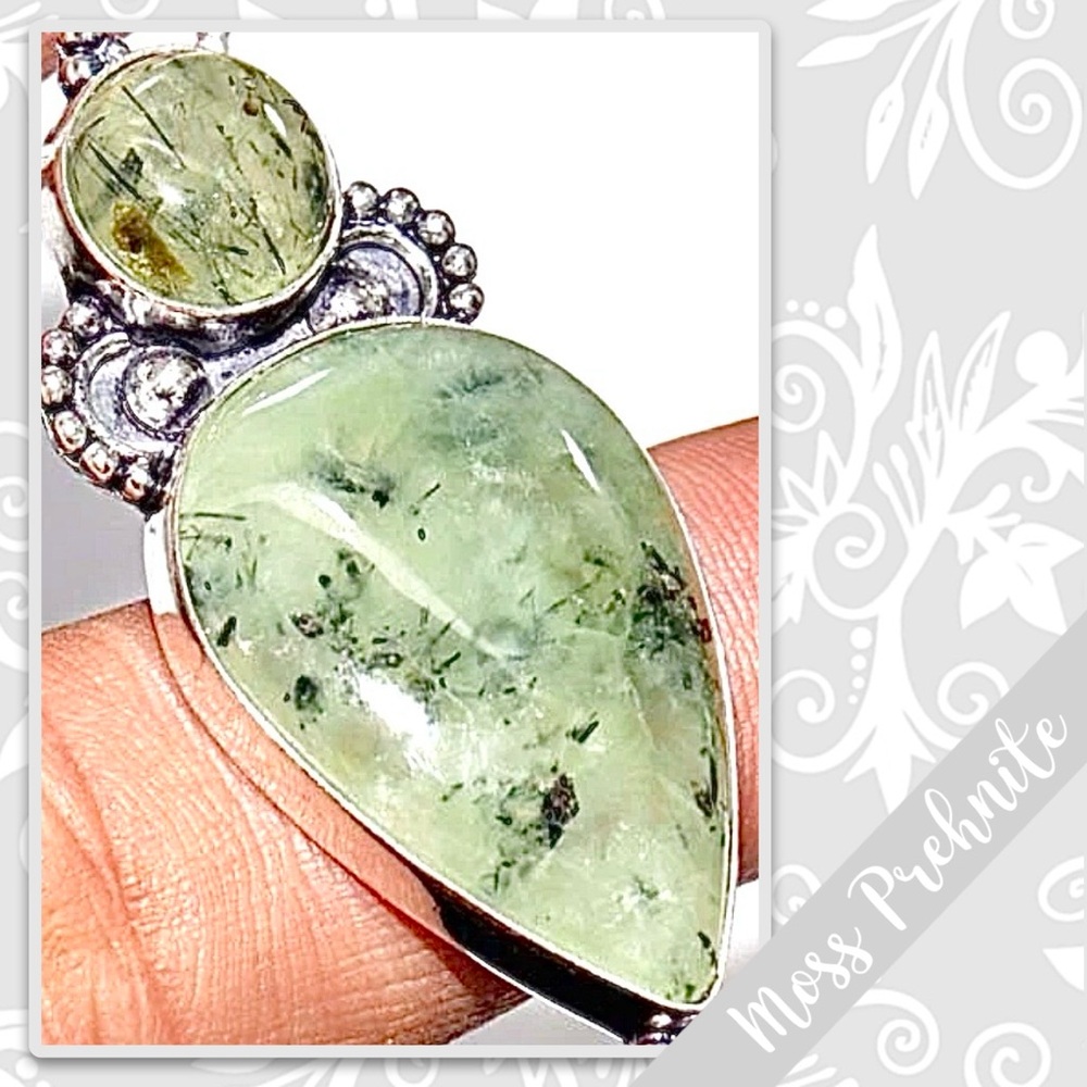 Moss Prehnite Southwest Styled Silver Artisan Necklace 17” (Mint to Olive Green) - Picture 2 of 7